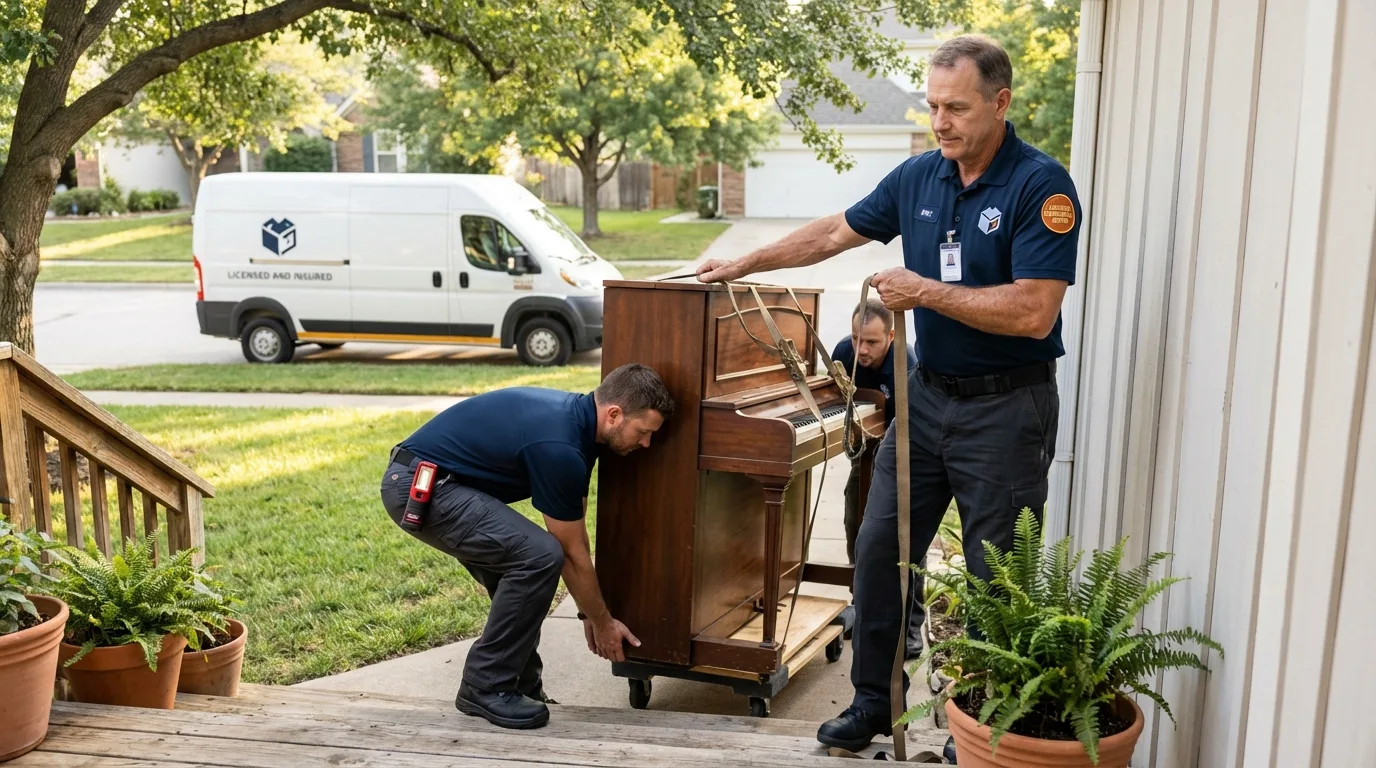Licensed piano movers securing grand piano in Pigeon, MI