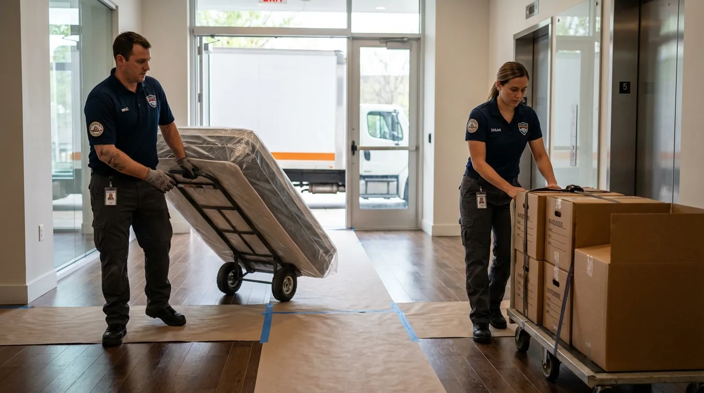 Professional apartment movers loading elevator in Pigeon, MI